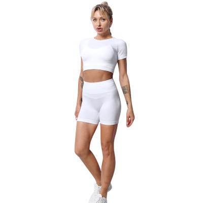 China 2022 Custom Logo Women Clothing Print High Waist Breathable Fitness Gym Wear Workout Suit Sports Bra And Short Yoga Seamless Set for sale