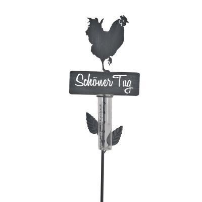 China Iron With OEM Design Metal Glass Rooster Opens With Rain Gauge Gray Garden Stake Decoration for sale