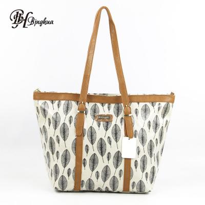 China Large Capacity Leather Handle Tote Bags Handbags Women Shopping Canvas Tote Bag Handbag for sale