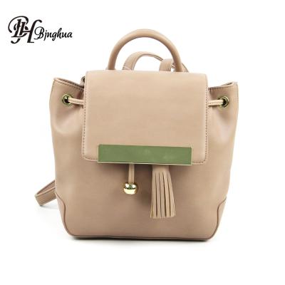 China Korean Waterproof Elegant Leather Tassel Pink Backpack Fashion Small Drawstring Backpack Bag for sale