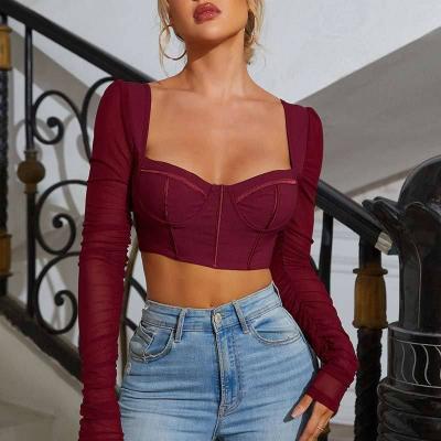 China 2022 New Viable Women's Clothing Mesh Neck Women's Shirt Long Sleeve Chest Multicolor Navel Top Sexy Square Small for sale