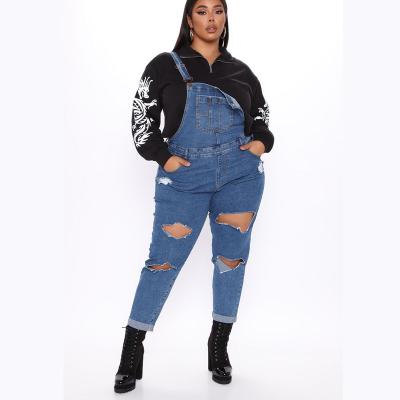 China Hot Style Loose Plus Size Small Leg Women Breathable Big Hole Big Fat Women's Ripped Jeans Overalls for sale