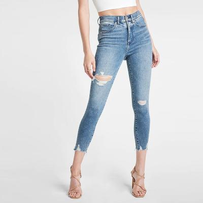 China 2022 Light Wash High Waisted Breathable High Quality Women Ripped Cropped Skinny Jeans With Hole for sale