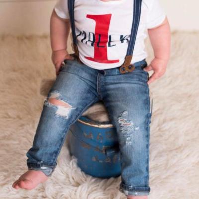 China Fade Proof Color Fade Proof Birthday Outfit Boy's First Suspender Top Distressed Denim Pants Shorts Boy Smash Cake Outfit for sale