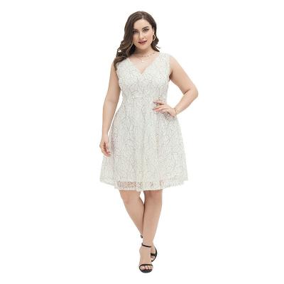 China 2022 Viable New Amazon Viable Selling Hot White Lace Dress V Neck Sleeveless Loose Casual Women Plus Size Dress for sale