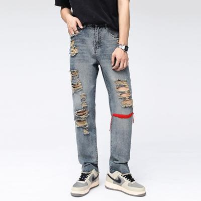 China 2022 Brand Designer Jeans QUICK DRY EMBROIDERY Distressed QUICK DRY denim men slim straight ripped jeans pants plus size for sale