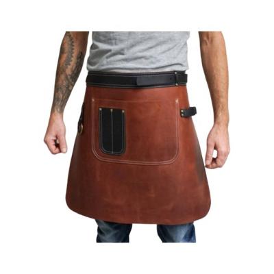 China Brown Leather Barber Apron Adjustable Half Short /Chef/Waxed With Pocket for sale