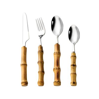 China Sustainable 18/8 Stainless Steel Cutlery Spoon Fork Set Stainless Steel Flatware Set Silverware With Bamboo Handle for sale