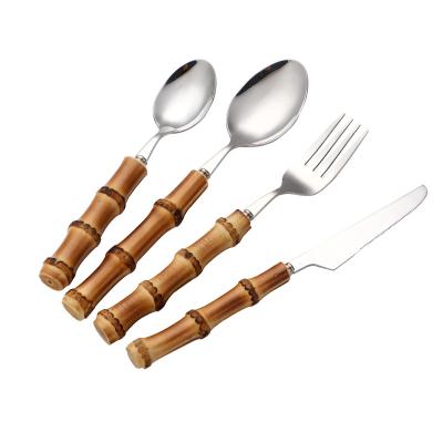 China Sustainable 18/8 Stainless Steel Cutlery Spoon Fork Set Stainless Steel Flatware Set Silverware With Bamboo Handle for sale