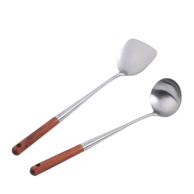 China Sustainable Stainless Steel Kitchenware Extended Handle Shovel Wooden Spoon Set Cooking Kitchen Furniture for sale