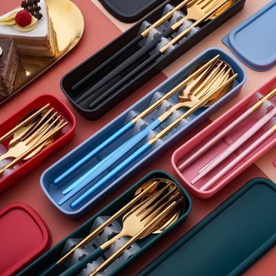 China Viable Color Handle Portable Cutlery Set With Case Cutlery Korean Style Gold Reusable Outdoor Camping Cutlery Set Spoon Fork Chopstick for sale