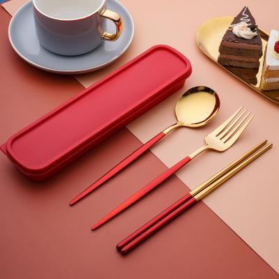 China Viable Korean Style Gold Reusable Cutlery Set Besteck Color Handle Cutlery Portable Travel Set Spoon Fork Chopstick Camping Set for sale