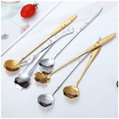 China Viable mini coffee dessert tea spoon cucharas flower gold spoon stainless steel spoon cutlery set for sale