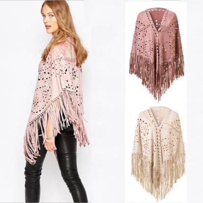 China Vintage Women's Suedette Hippy Fur Fringed Cape Shawl Triangle Wrap Scarves For Elegant Women for sale