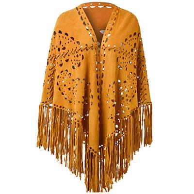 China Vintage Women's Suedette Laser Cut Fringed Cape Shawl Triangle Wrap Scarf Triangle Shawl for sale