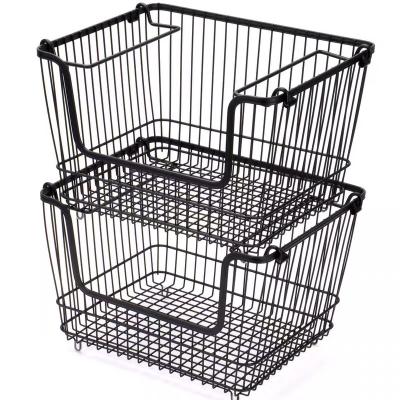 China Best Selling Sustainable Custom Made Household Wire Metal Storage Basket Vegetable Storage Stackable Basket With Handle And Wheel for sale