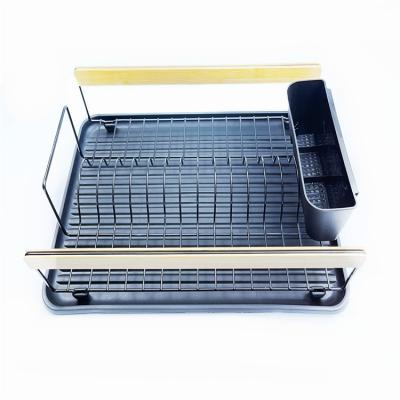 China Sustainable new design stainless steel storage racks dish drying rack with cutlery box and plastic drain tray for sale