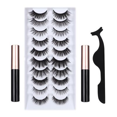 China Hollyren 10 Black Stripe Pairs Eyelash Set Waterproof Liquid Eyeliner With Magnetic Tweezers Makeup Set for sale