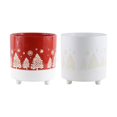 China Minimalist Ceramic Tree Snowflakes Christmas Theme Flowerpot Design Green Plant Party Decoration Household Cylindrical Creative Planter for sale