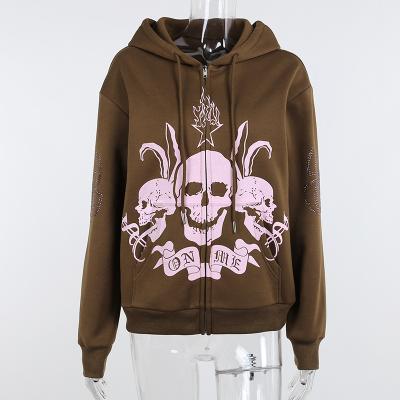 China Autumn And Winter Warm Dark Print Skull Design Breathable Spider Rhinestone Long Sleeve Hooded Hoodie For Ladies for sale