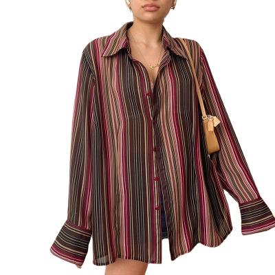 China 2021 casual shirt ladies anti-pilling street fashion contrast color long sleeve commuter shirt loose sexy temperament striped long for sale