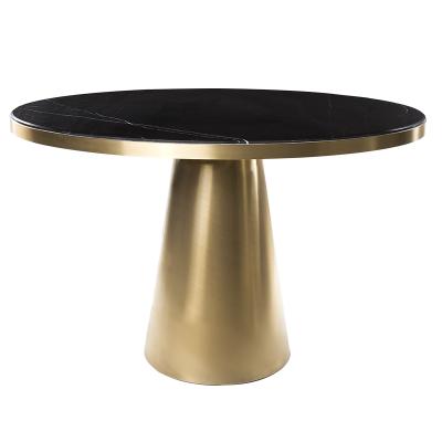 China Traditional five star hotel restaurant luxury high end black modern marble round tables with gold plated stainless steel edge cafe dining table for sale