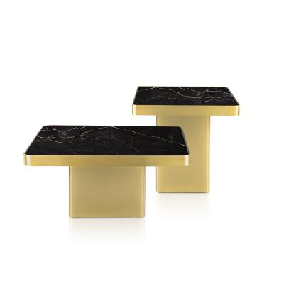 China LC-076 Modern Style Light Luxury Square Design Marble Top Gold Plated Stainless Steel Living Room Coffee Table Set for sale