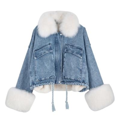 China Winter Windproof Women Coat Fur Collar And Pluse Waist Denim Jacket Jean Jacket for sale