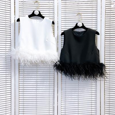 China New Design Good Quality Women Viable Girl Sexy Shiny Hot Ostrich Feather Tank Top Vest With Diamond Feathers And Ladies Blouse for sale