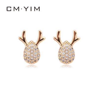 China CM YIM Jewelry TRENDY 18K Gold Plated Fashion Women's Design Cute Deer Antler Shaped Zircon Stud Earrings For Christmas Gift for sale