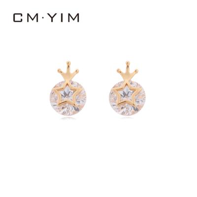 China Simple Cm YIM Jewelry Style 18K Gold Plated Fashion Star Zircon Earrings High Quality White Girl Five Pointed Small Crown Earrings for sale