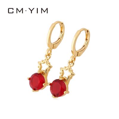 China TRENDY Cm YIM JewelryEuropean and American Fashion 24K Gold Plated Design Hollow Circular Red Zircon Star Hanging Earrings for sale