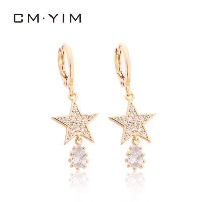 China Cm YIM Jewelry New Long FASHIONABLE Female Zircon 18K Star Pentagon Bride Zircon GOLD PLATED EARRINGS Simple Temperament Stars Earrings Jewelry for sale