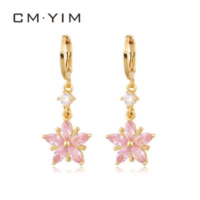 China CM YIM Jewelry TRENDY 24K gold plated pink stone shape long shape star pentagon fashion female beatuiful earrings for sale