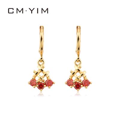 China Wholesale Fashion Style Cm YIM Jewelry 24K Gold Plated Fan Inlaid Red Grid Zircon Women's Z Earrings Wholesale for sale