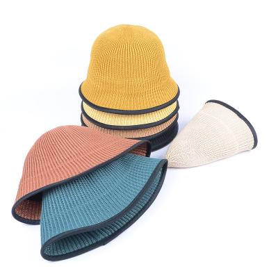 China Hengxing Fashion Spring Summer Solid Color Casual Paper Rope Knitted Wrapped Brim Bucket Hats With Custom Logo for sale