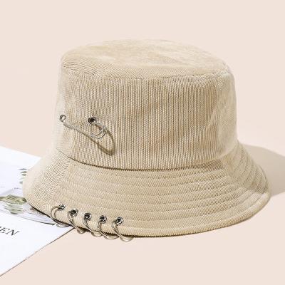 China Wholesale High Quality Casual Street Fisherman Hats Fashion Solid Color Metal Pin Circle Winter Corduroy Bucket Hats With Custom Logo for sale