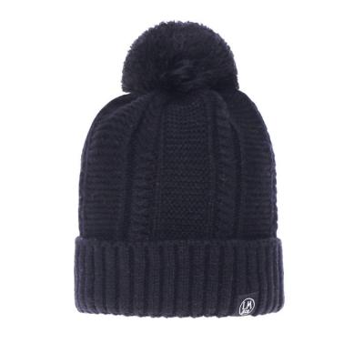 China NEW COMMON High Quality Black Pom Pom Acrylic Jacquard Woven Label Knitted Beanie Winter Hat for sale