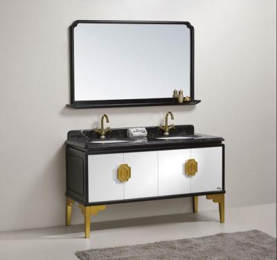 China Water Resistant 2019 White With Gold Modern Color Post Floor Stand Double Basin Bathroom Cabinet for sale