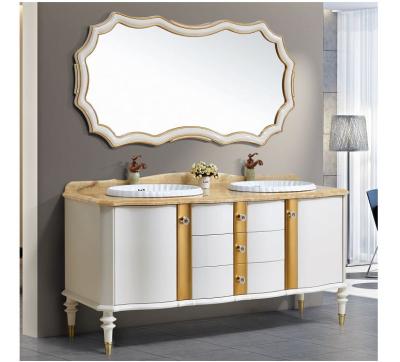 China Modern Luxury Elegant Water Proof Ivory Gold Mail Double Sink Bathroom Vanity With Jade Marble Top for sale