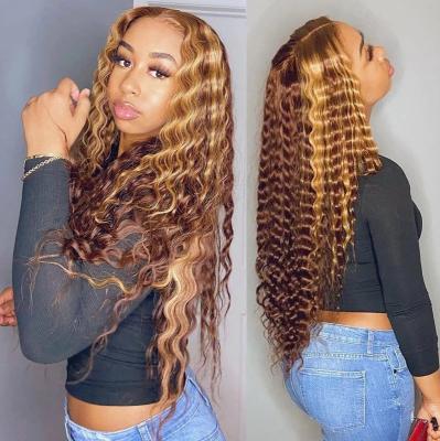 China 13x1 Honey Blonde Brazilian Ombre Brown Color Deep Water Wave Front Wigs Lace Front Wigs Highlight Hairline HD Silky Straight Curly Wig for sale