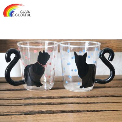 China Viable Printed Glass Mug with Cat Tail Handle Borosilicate Glass Mug for sale