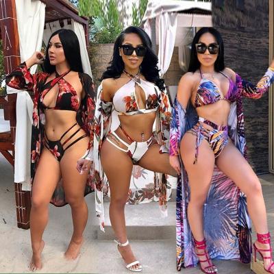 China Custom luxury sexiest 2022 designers 3 piece set boho waist windproof cover up long sleeve swimwear for women for sale