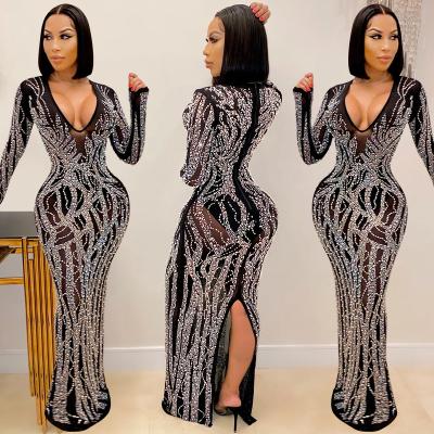 China Anti-Static New Arrivals Fashion 2021 Autumn Women Clothing Beading V-neck Club Sexy Dresses Women Maxi Long Dress for sale