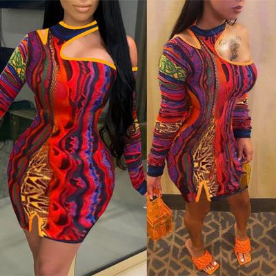 China Antistatic Wholesale Women Clothes One Shoulder Dress Hollow Printed Mini Dress for sale