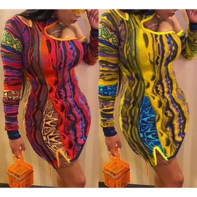 China Plus Size Women Clothing Anti-static One Shoulder Bandage Dress Cavity Printed Mini Prom Dress for sale