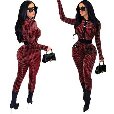 China Anti-pilling Wholesale Ebay Amazon sexy button Houndstooth Gold Jacquard long sleeve slim jumpsuit woman for sale