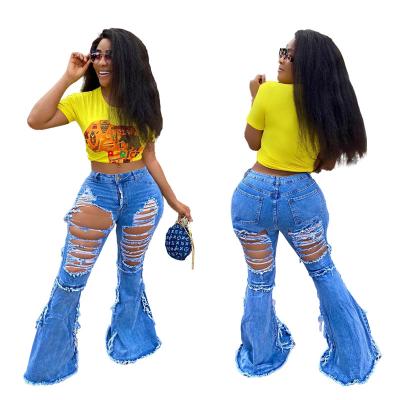 China Breathable Jeans Women Ripped Bell Bottom Jeans Custom Distressed Denim Ladies Fabric Destroyed Ripped Rocket Jeans Women for sale