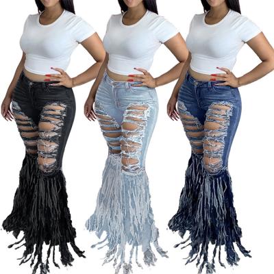 China Color Fade Proof Street Fashion Camouflage Pants Tassel Ripped Flare Jeans High Waist Skinny Jeans Women V5485 for sale