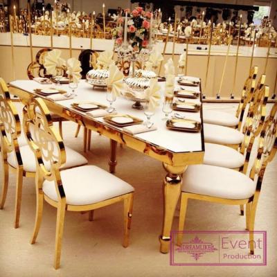 China DINING TABLE Gold Metal Triangle Shaped Frame MDF Dining Tables And Chairs For Wedding Tall for sale